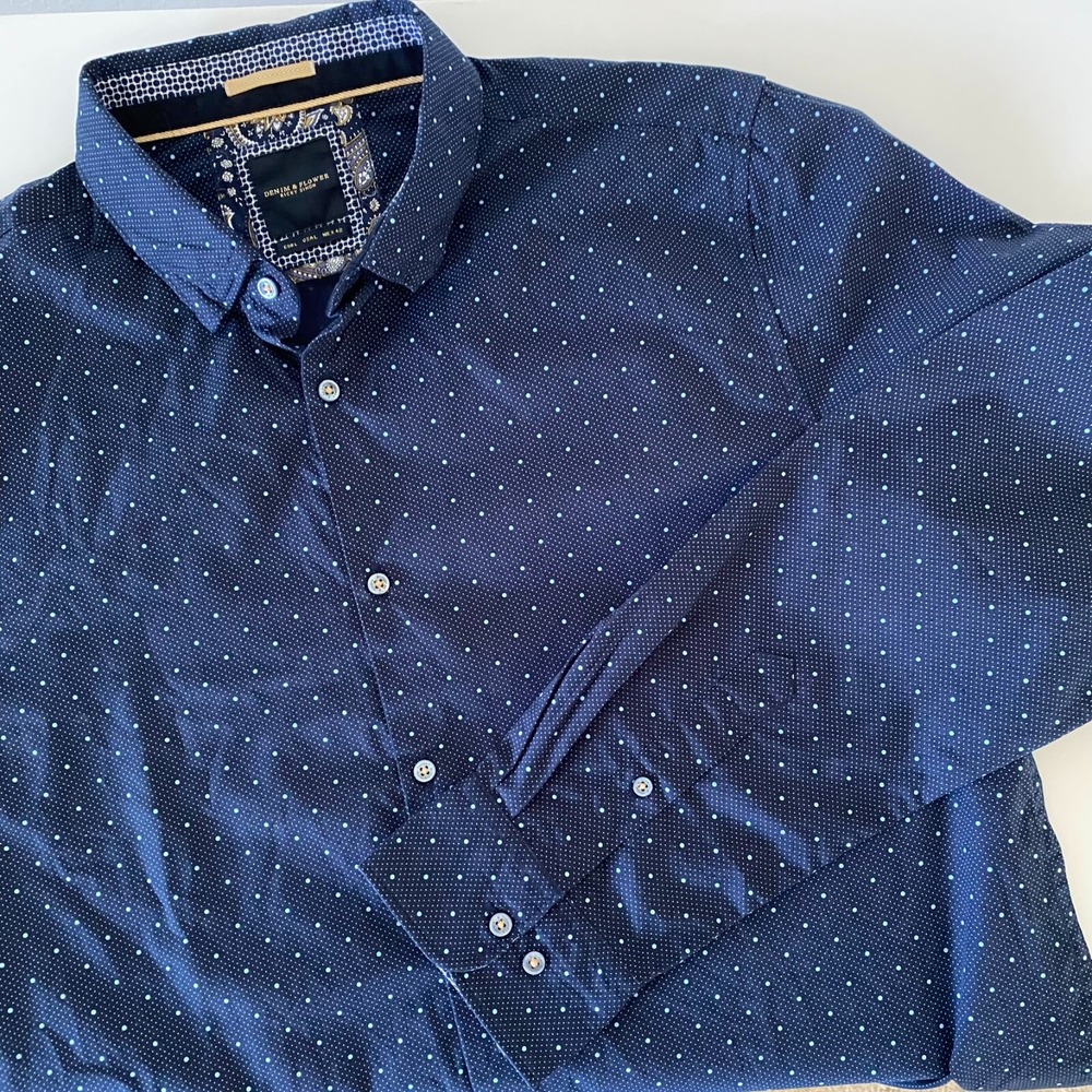 Denim & Flower Ricky Singh Men's Navy Polka Dot Dress Shirt Button Down Long Slv